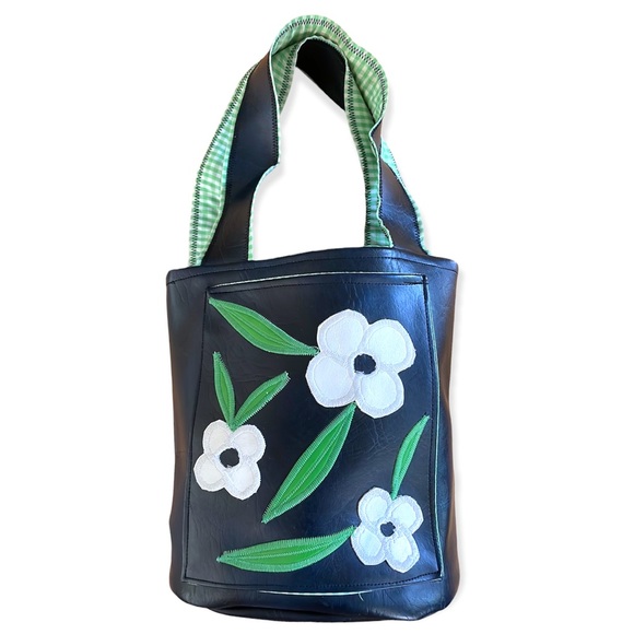 Vintage Bags Vintage Floral Bucket Bag Navy Leather Handmade Purse